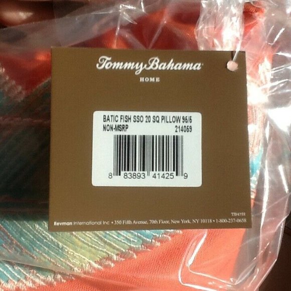 new in pkg Tommy Bahama 20" Square ORANGE Embroidered BATIK FISH Accent Pillow - Picture 6 of 9
